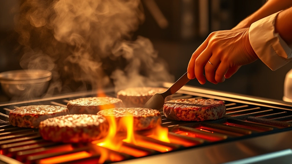 process: chef flipping burger patties on hot grill with visible flames and smoke, photorealistic, golden hour lighting, no text