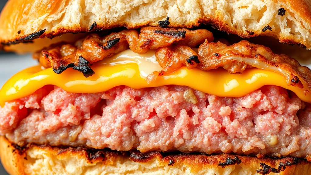detail: cross-section of juicy grilled burger showing pink center with melted cheese and caramelized exterior crust, photorealistic, macro photography, natural light, no text