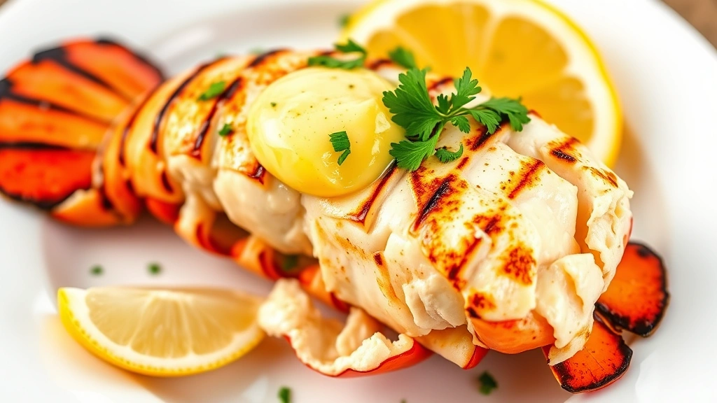 hero: perfectly grilled lobster tail split open showing tender white meat with golden grill marks, topped with melted garlic butter and fresh parsley, served on white plate with lemon wedge, photorealistic, natural daylight, no text