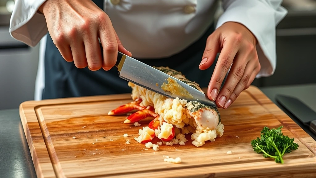process: chef butterflying raw lobster tail with sharp knife on wooden cutting board, hands visible showing technique, photorealistic, natural kitchen lighting, no text