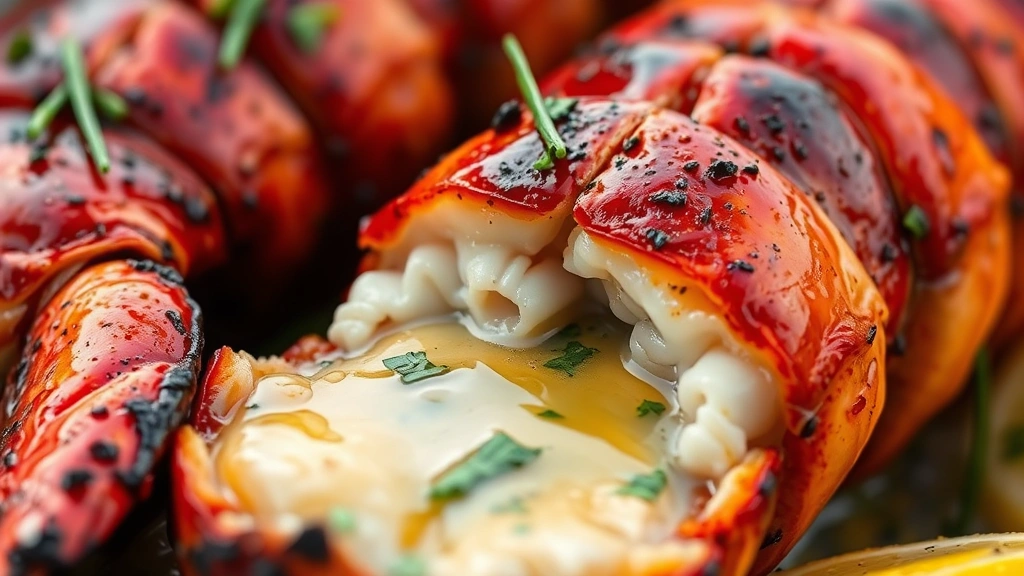 detail: close-up of grilled lobster meat with caramelized exterior, melted garlic butter pooling on surface, fresh herbs and lemon visible, photorealistic, soft natural light, no text