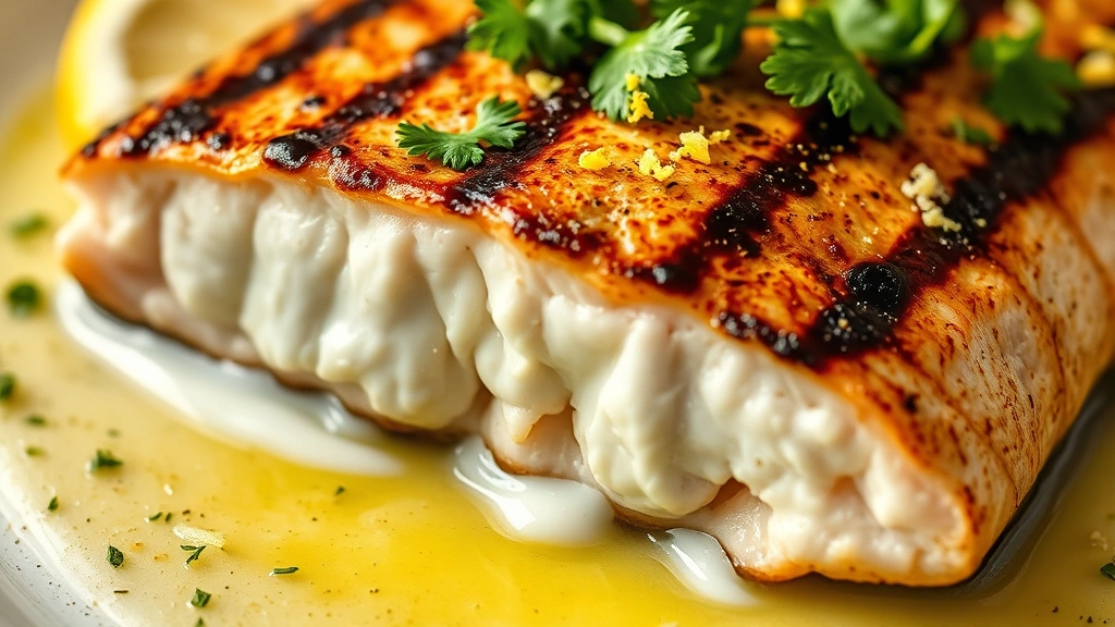 detail: close-up of grilled mahi mahi showing grill marks and flaky interior texture, butter sauce pooling around fish, fresh parsley and lemon zest on top, warm natural lighting