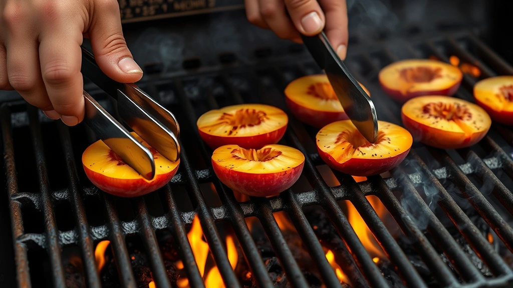 process: hands using tongs flipping peach halves on hot grill grates with visible flames and smoke, photorealistic, natural light, no text