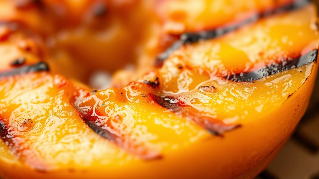 detail: close-up macro of grilled peach half showing caramelized surface texture and juices with grill marks, photorealistic, bright natural light, no text