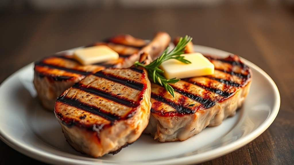 hero: four thick-cut grilled pork chops with perfect grill marks, butter and fresh rosemary on top, sitting on a white ceramic plate, warm golden lighting from side, shallow depth of field, professional food photography