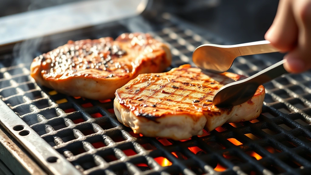 process: two pork chops sizzling on hot grill grates with visible flames below, hand holding tongs nearby, smoke rising, golden-brown crust forming, natural daylight, dynamic action shot