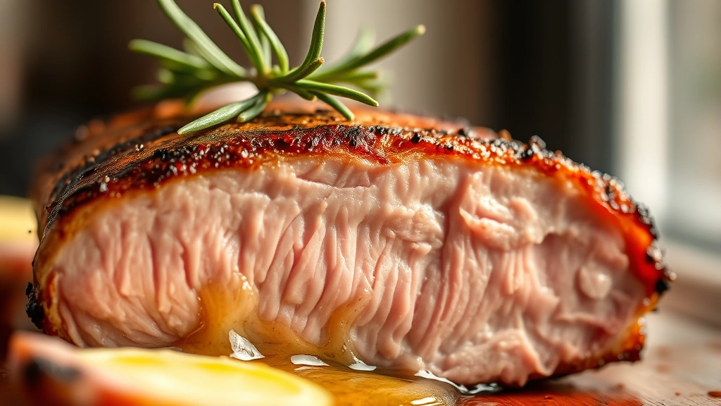 detail: close-up macro shot of grilled pork chop cross-section showing juicy pink interior and caramelized brown exterior crust, fresh rosemary sprig on top, melted butter dripping, warm natural window light, shallow depth of field, food styling