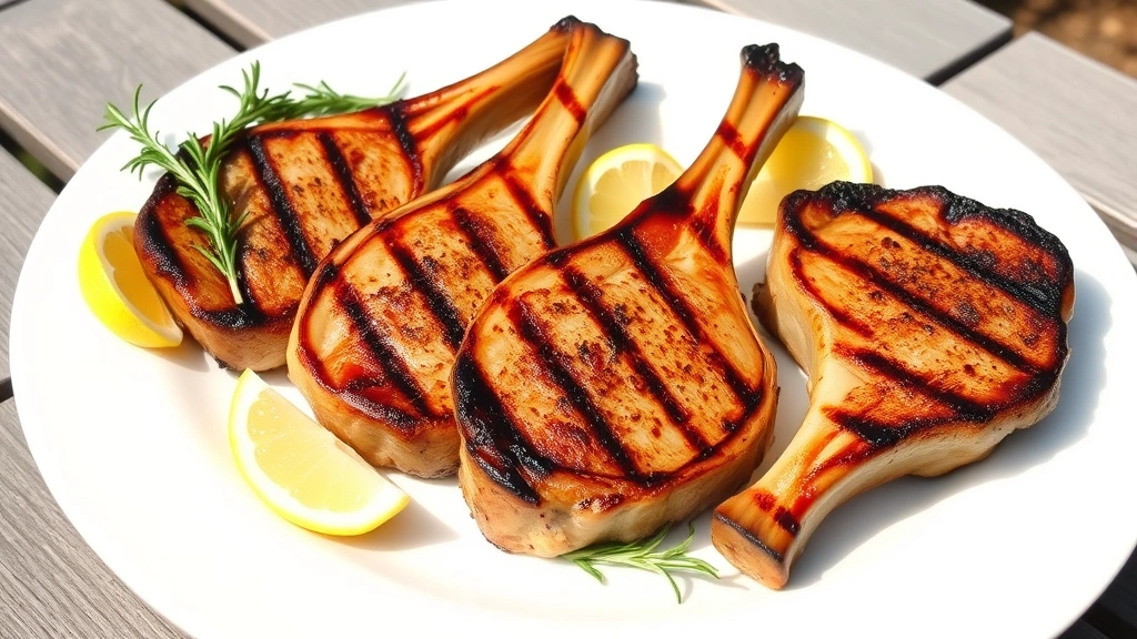 hero: four perfectly grilled bone-in pork chops with beautiful caramelized crust marks on white plate, fresh rosemary garnish, lemon wedges, natural outdoor sunlight, soft shadows, appetizing and professional