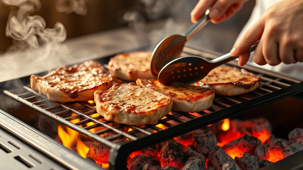 process: pork chops sizzling on grill grates over flames and coals, two-zone grill setup visible, chef using tongs to flip meat, smoke rising, action shot with warm golden light