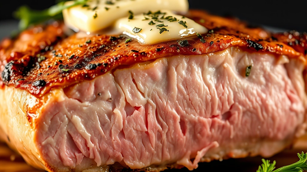 detail: close-up macro shot of grilled pork chop cross-section showing pink juicy center, caramelized brown exterior crust, herb butter melting on top, shallow depth of field, studio lighting highlighting texture