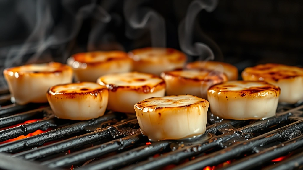 process: scallops sizzling on hot grill grates with visible char marks and smoke, photorealistic, natural light, no text