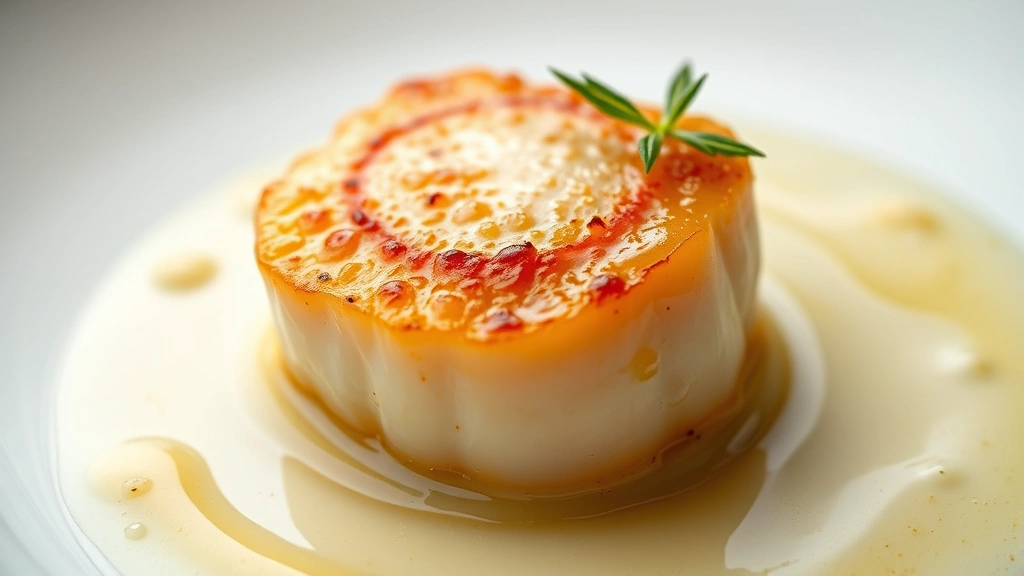 detail: close-up of one golden-seared scallop with butter and garlic sauce, photorealistic, natural light, no text