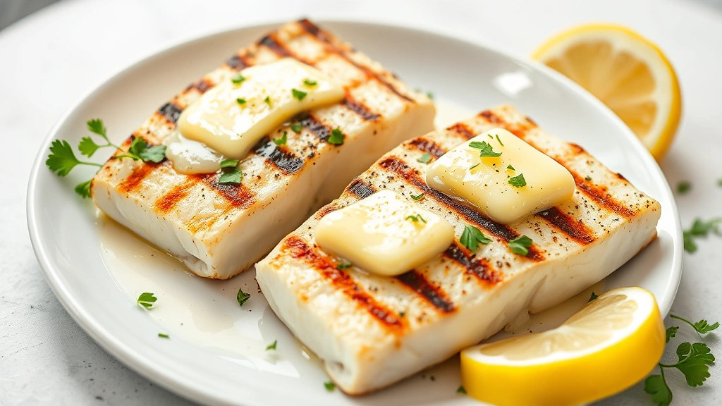 hero: perfectly grilled swordfish steaks on a white plate with lemon butter melting on top, fresh parsley garnish, lemon wedges and sea salt visible, golden grill marks on fish, natural daylight, no text