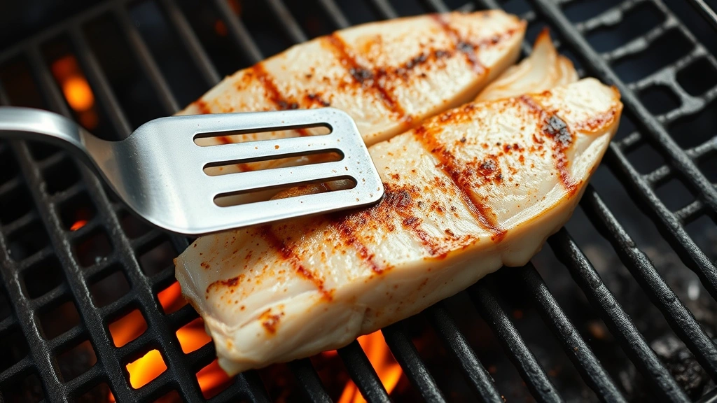 process: swordfish steaks being flipped on hot grill grates with metal spatula, visible flames and heat, char marks forming, overhead angle, photorealistic, natural lighting, no text