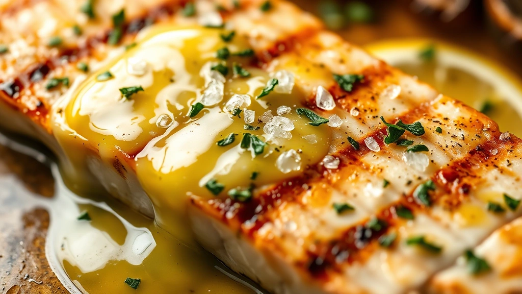 detail: close-up of grilled swordfish steak with melting lemon butter and fresh herbs, flaky texture visible, sea salt crystals on top, shallow depth of field, warm natural light, no text