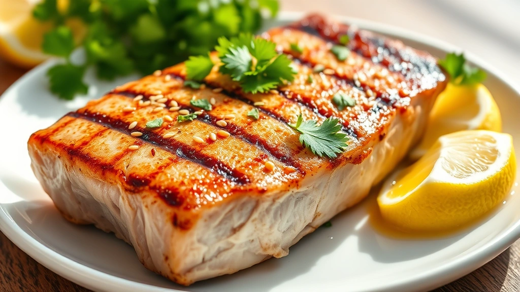 hero: perfectly grilled tuna steak with golden crust, sesame seeds and cilantro garnish, on a white plate, fresh lemon wedges nearby, photorealistic, natural sunlight, no text