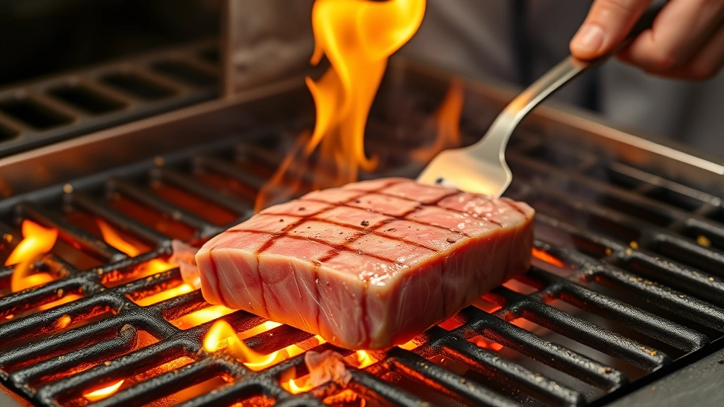 process: tuna steak sizzling on hot grill grates with visible flames, chef using spatula to flip, photorealistic, natural light, no text