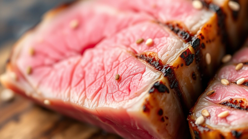 detail: close-up of grilled tuna steak cross-section showing rare pink center and caramelized golden crust, sesame seeds visible, photorealistic, macro photography, natural light, no text