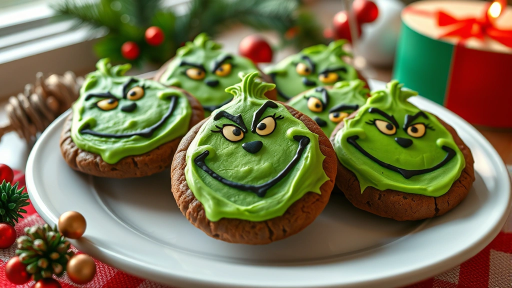 hero: grinch cookies with green frosting and cute faces on chocolate cookies, arranged on white plate, festive holiday setting, photorealistic, natural daylight from window, no text visible