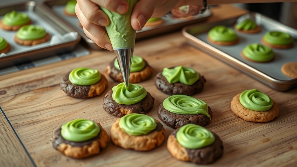 process: hands frosting chocolate cookies with bright green frosting using piping bag, wooden table surface, baking sheets in background, photorealistic, natural light, no text