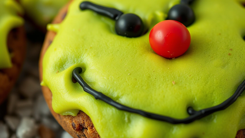 detail: close-up single grinch cookie showing green frosting texture, black eyes, red nose, chocolate cookie base visible, photorealistic, macro photography style, natural light, no text