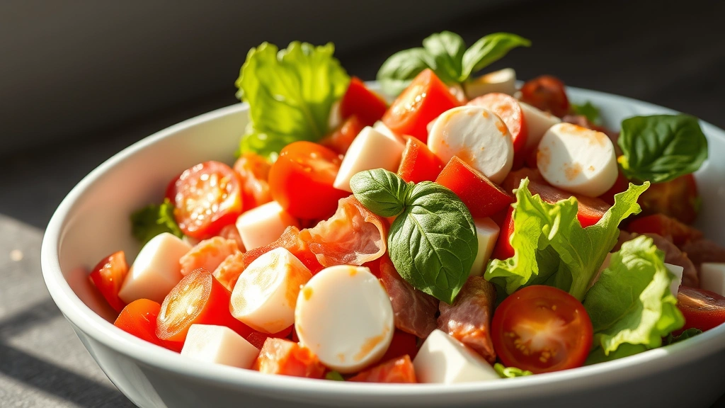 hero: gorgeous grinder salad in a large white bowl, fresh romaine lettuce, colorful red bell peppers, ripe cherry tomatoes, cubed fresh mozzarella, sliced Italian cold cuts arranged beautifully, glistening with Italian dressing, garnished with fresh basil, natural sunlight streaming across the salad creating shadows and highlights, vibrant colors, appetizing and fresh appearance, photorealistic, no text or watermarks