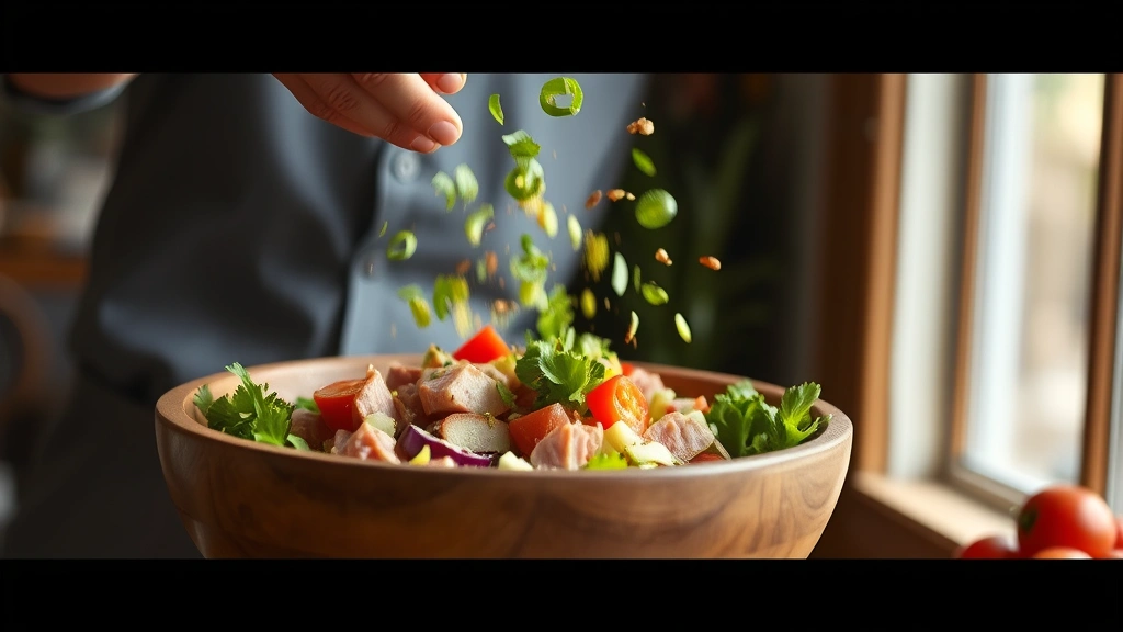 process: hands tossing grinder salad ingredients together in a wooden bowl, motion captured mid-toss, fresh vegetables and meats visible in the air, Italian dressing glistening on ingredients, natural window light, warm and inviting atmosphere, photorealistic, no text