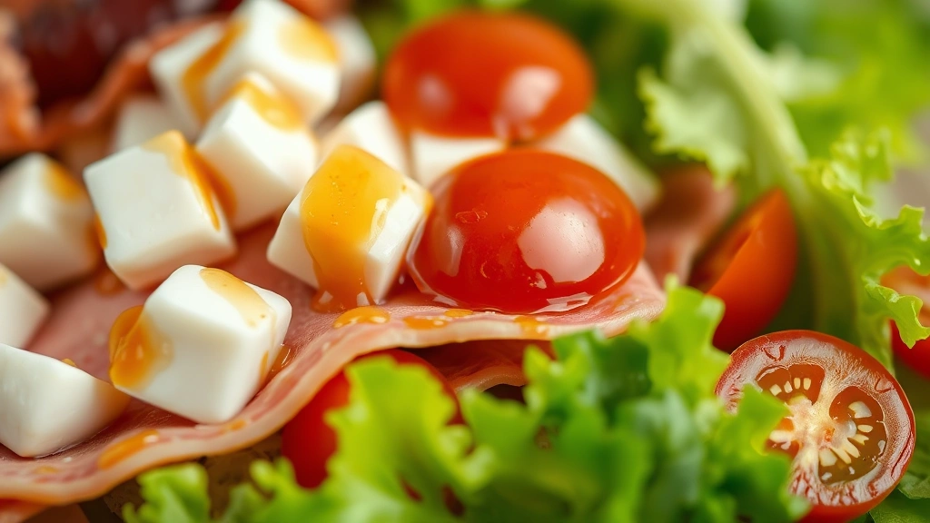 detail: close-up macro shot of grinder salad showing layers of ingredients, fresh mozzarella cubes, sliced capicola and ham, crispy romaine, cherry tomato halves, Italian dressing coating ingredients, shallow depth of field, vibrant colors, natural light, photorealistic, appetizing, no text