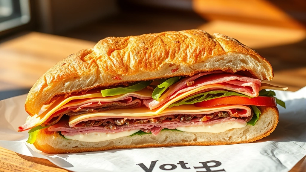 hero: perfectly assembled grinder sandwich cut diagonally, showing all layers of meat cheese and vegetables inside, crusty Italian bread exterior, served on white paper, natural sunlight streaming in, no text
