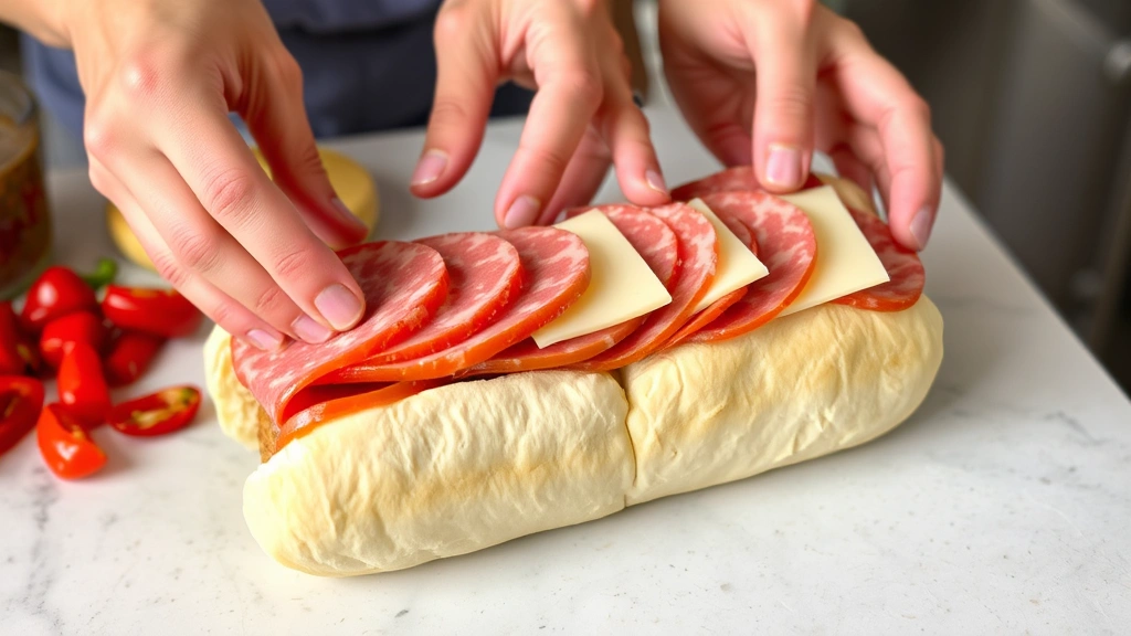 process: hands layering sliced salami and provolone cheese onto bottom half of sub roll with roasted red peppers visible, work surface with ingredients arranged, natural kitchen lighting, no text