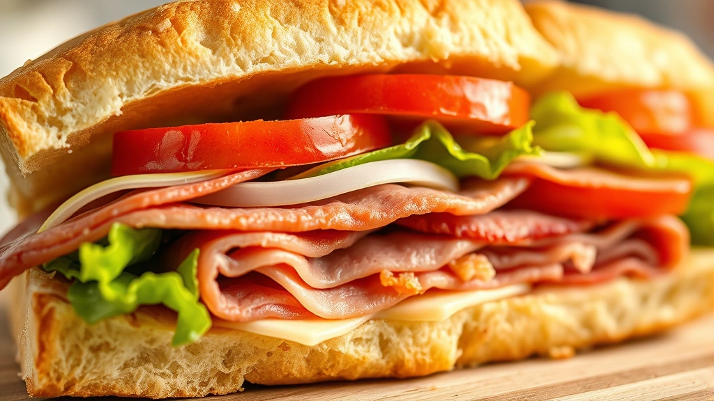 detail: close-up cross-section of grinder sandwich showing distinct layers of deli meats cheese red peppers onions tomato and lettuce, crusty bread visible, shallow depth of field, natural light, no text