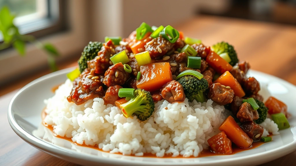 hero: Ground beef and broccoli stir-fry served over fluffy white rice, glistening with glossy sauce, garnished with green onions and sesame seeds, photorealistic, natural daylight from window, no text
