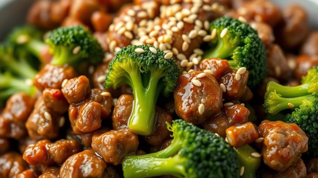 detail: Close-up of coated ground beef and broccoli florets with glossy sauce, sesame seeds sprinkled on top, shallow depth of field, photorealistic, natural light, no text