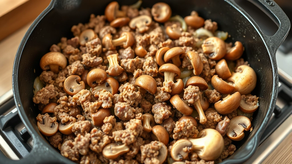process: browning ground beef in cast iron skillet with mushrooms and onions, photorealistic, natural kitchen light, no text