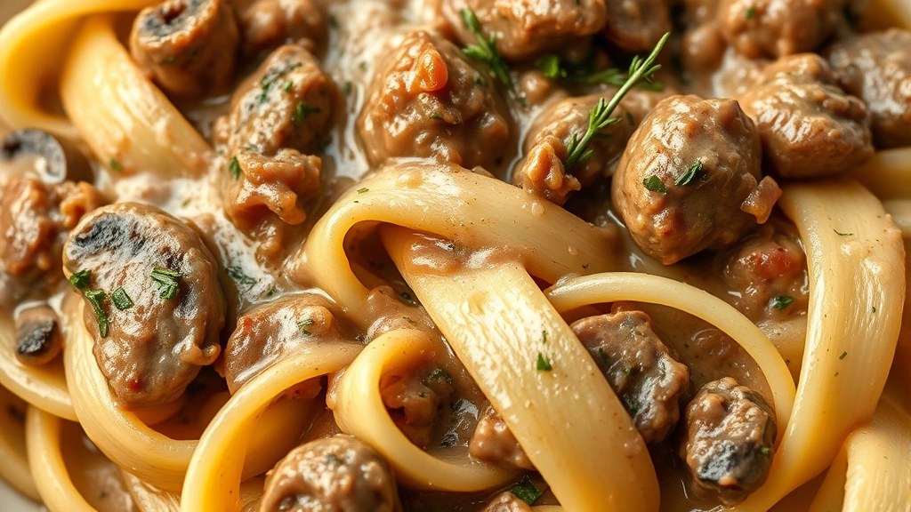 detail: close-up of rich creamy beef and mushroom sauce coating wide ribbon pasta, garnished with thyme, photorealistic, soft natural light, no text