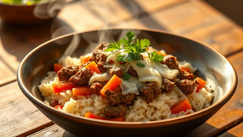 hero: steaming bowl of ground beef and rice with fresh parsley garnish and melted Parmesan cheese, vibrant bell peppers and carrots visible, rustic wooden table, golden afternoon sunlight streaming across, no text or watermarks