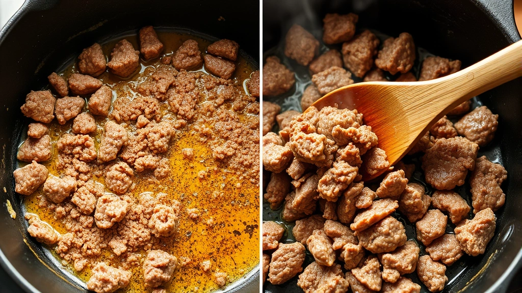 process: browning ground beef in cast iron skillet, golden crust forming, wooden spoon breaking up meat, steam rising, natural daylight, no text