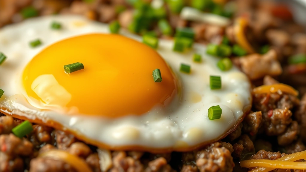 detail: close-up of perfectly cooked egg yolk on ground beef hash, fresh chives and parsley garnish, melted cheese, shallow depth of field, warm lighting, no text