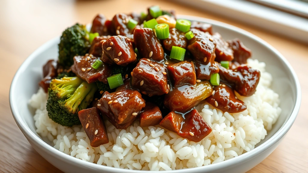 hero: finished Ground Beef Broccoli dish served over white jasmine rice, glossy sauce coating beef and broccoli florets, sesame seeds and green onions garnish visible, photorealistic, natural window light, no text, professional food photography