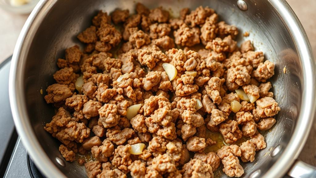 process: ground beef browning in stainless steel skillet showing golden color and crumbles, ginger and garlic visible, photorealistic, natural light, no text