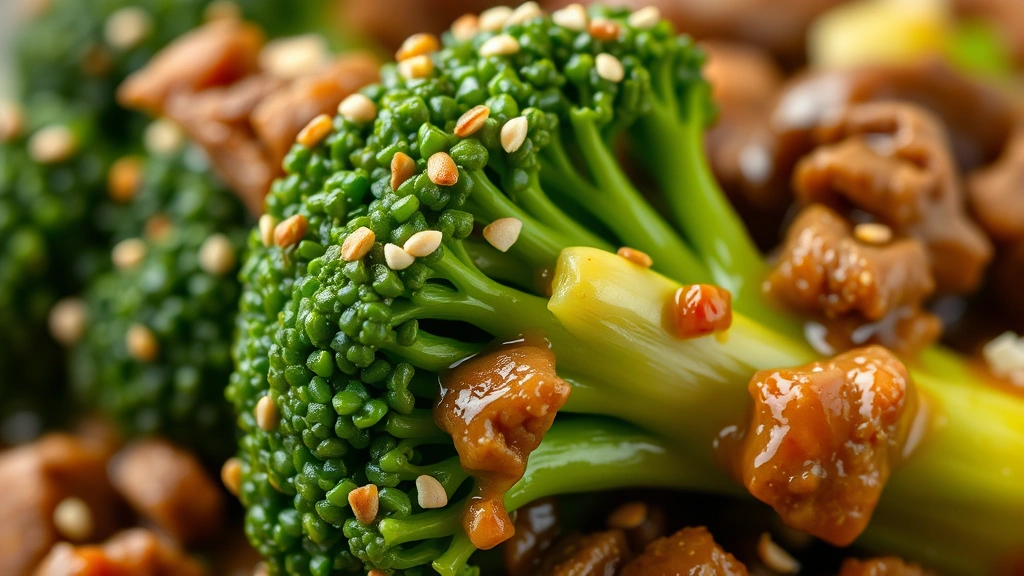 detail: close-up macro shot of single broccoli floret coated in glossy sauce with ground beef pieces, sesame seeds and green onion visible, photorealistic, natural light, no text
