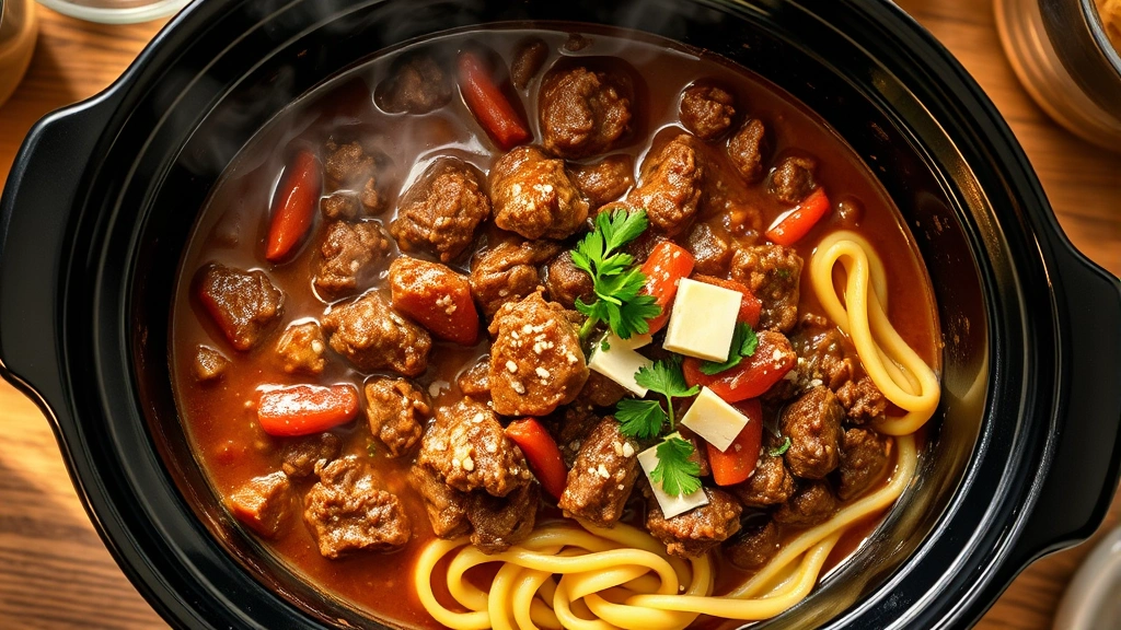 hero: steaming crockpot of rich brown ground beef stew with glossy sauce, garnished with fresh parsley and Parmesan, served over egg noodles, warm kitchen lighting, overhead angle, professional food photography
