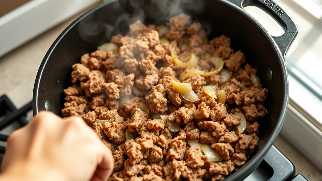 process: hands browning seasoned ground beef in cast iron skillet, steam rising, rich golden-brown meat and onions, natural window light, close-up action shot