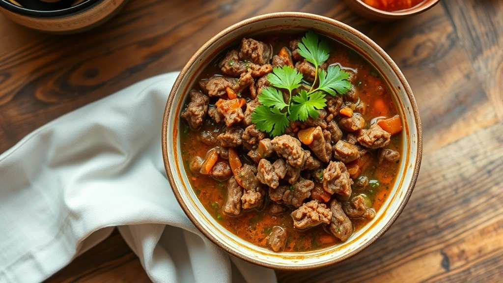 hero: steaming bowl of seasoned ground beef in rich brown sauce with fresh parsley garnish, photographed from above with natural window light, rustic wooden table background, no text or watermarks