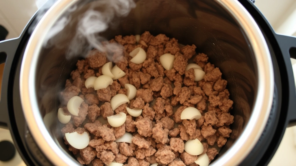 process: Instant Pot filled with browning ground beef and onions, sauté function active, steam rising, natural daylight from kitchen window, close-up angle showing texture, no text