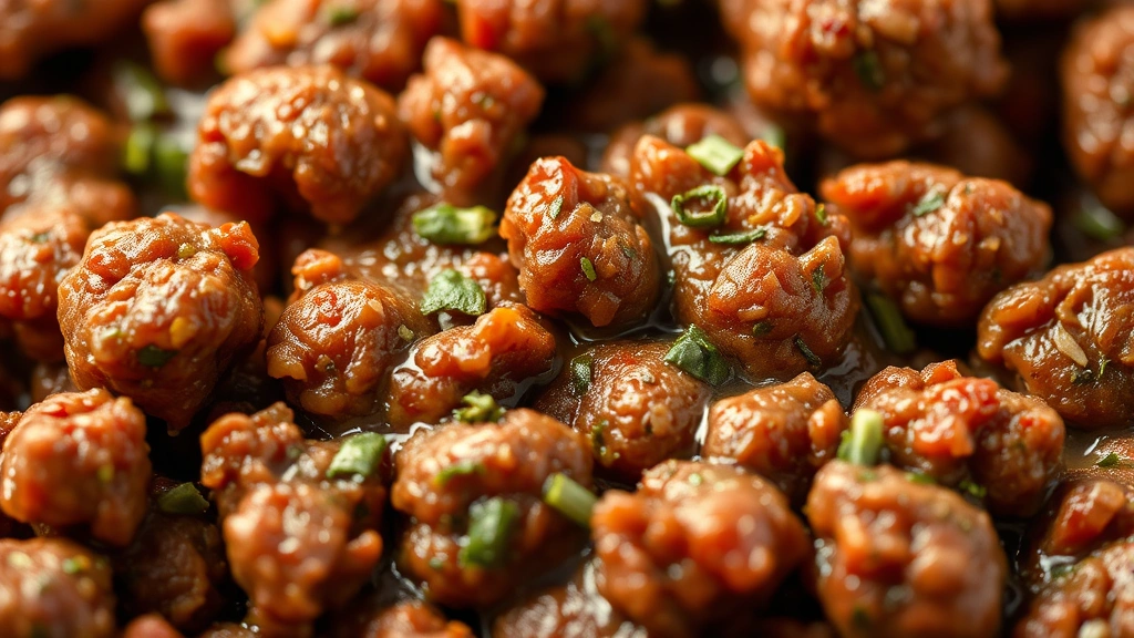 detail: close-up macro shot of cooked ground beef with herbs and sauce coating each piece, shallow depth of field, warm natural lighting highlighting the rich brown color and moisture, no text