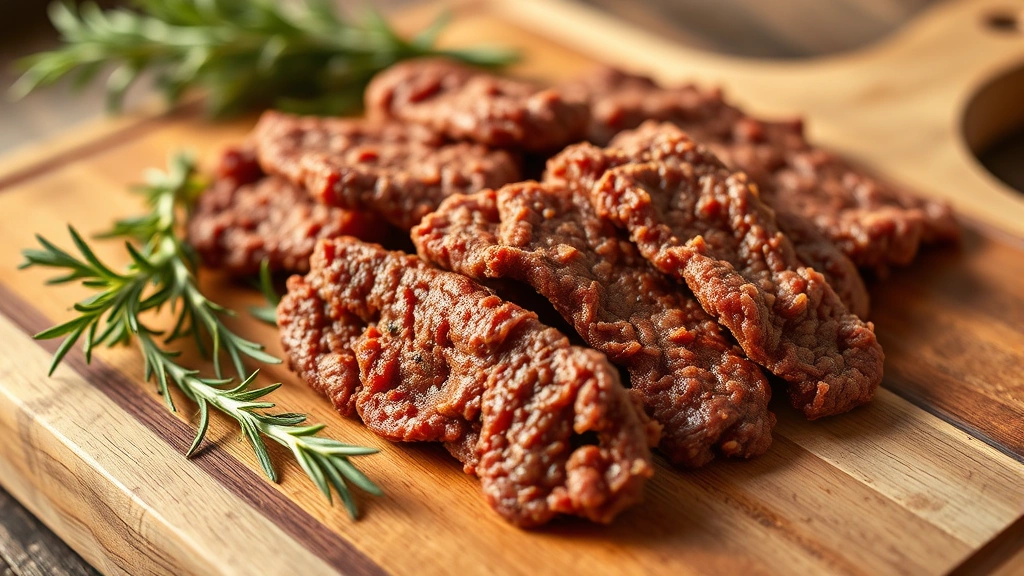 hero: finished ground beef jerky strips arranged on a wooden cutting board with fresh rosemary sprigs, warm golden lighting from the side, shallow depth of field, rustic farmhouse style, no text or watermarks