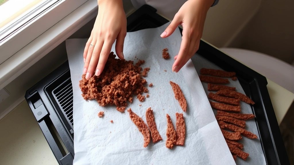 process: hands spreading seasoned ground beef mixture onto parchment-lined dehydrator tray, in-progress jerky strips visible, natural window light, overhead angle, clean kitchen background