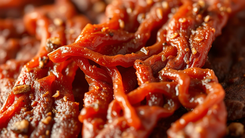 detail: close-up macro shot of finished beef jerky texture showing the chewy strands and seasoning coating, warm lighting emphasizing the rich brown color, shallow depth of field focusing on the center piece