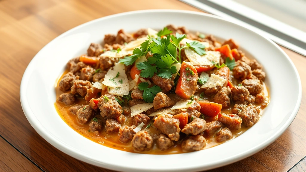 hero: ground beef creamy skillet dish, garnished with fresh parsley and parmesan cheese, steaming hot, photorealistic, natural window light, no text, plated on white ceramic plate